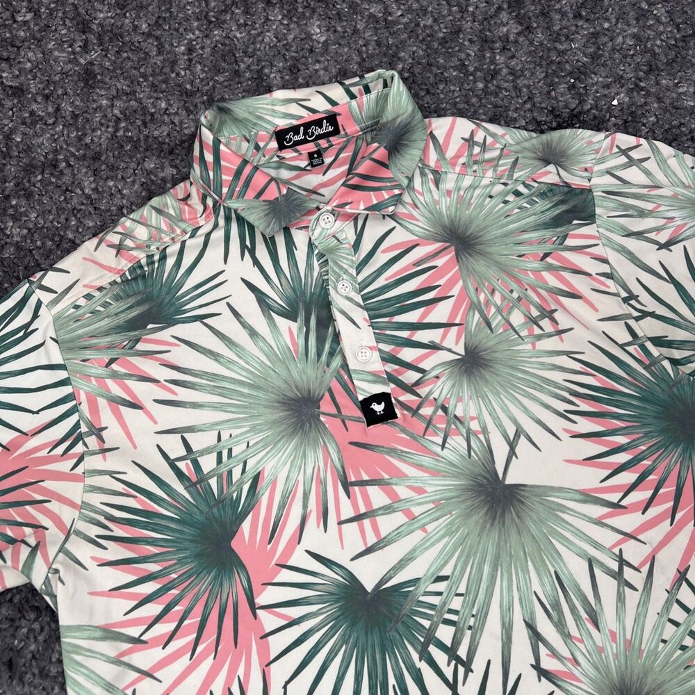 Bad Birdie Mens Small Golf Polo Shirt Tropical Palm Frond Pink Green Performance